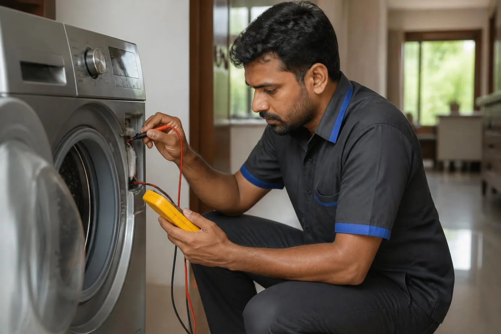 Technician repairing a washing machine at a customer home in Mysore