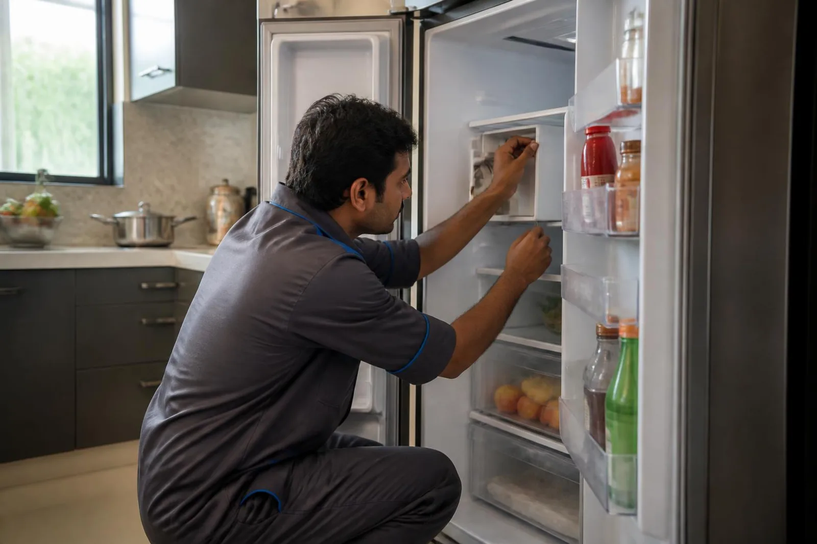 Technician repairing a double-door refrigerator in a kitchen